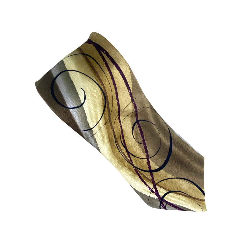 J. Garcia Mens Tie Gold Brown Abstract Artsy Swirl Silk Jerry Garcia Art 58.5x4